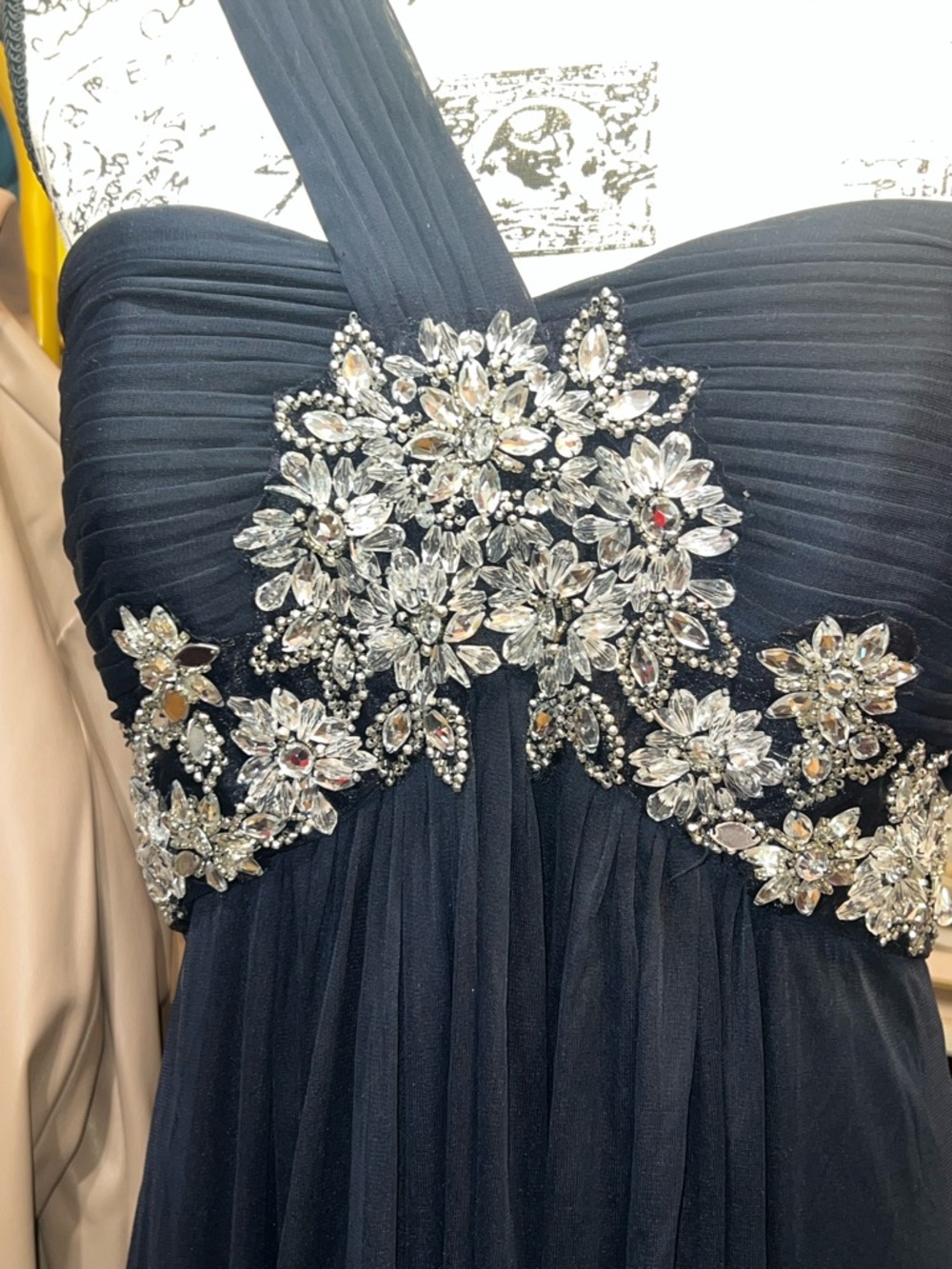 Embellished Navy One-Shoulder Evening Dress